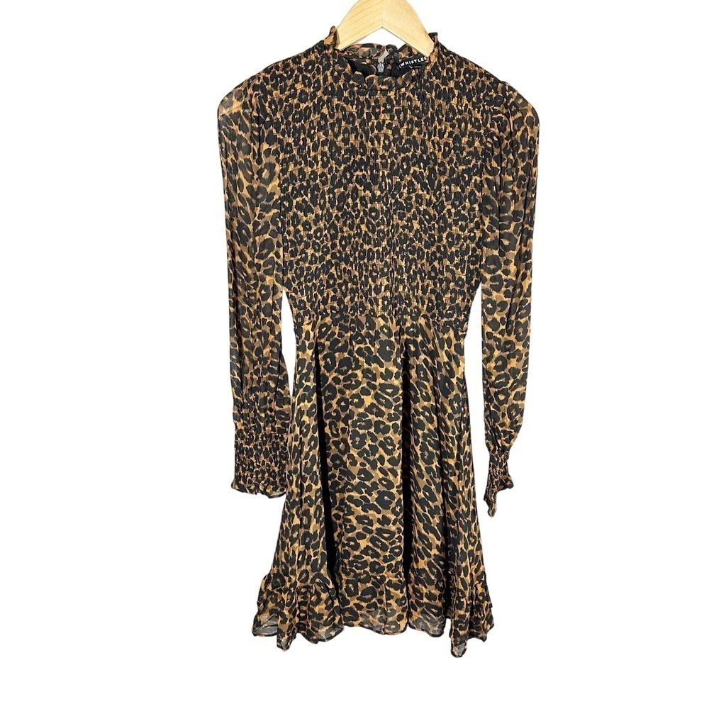 Whistles Classic Leopard Shirred Long Sleeve Mini Dress Size US 4